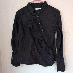 Osman Yousefzada Size 6 Asymmetric Button Up Shirt Blouse Black Long Sleeves